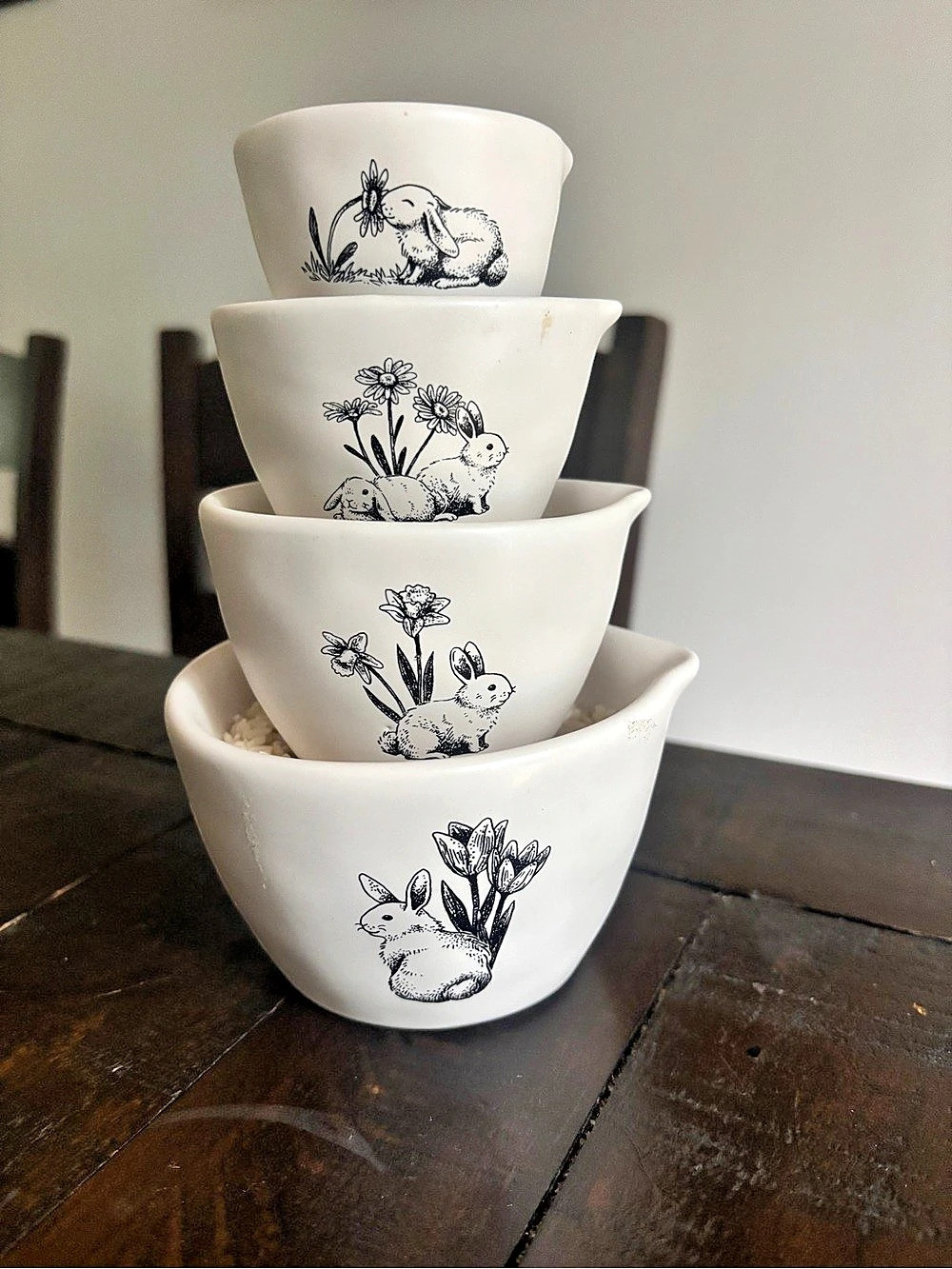 Rae Dunn Rabbit Floral Measuring Cup Ceramic Set White & Black